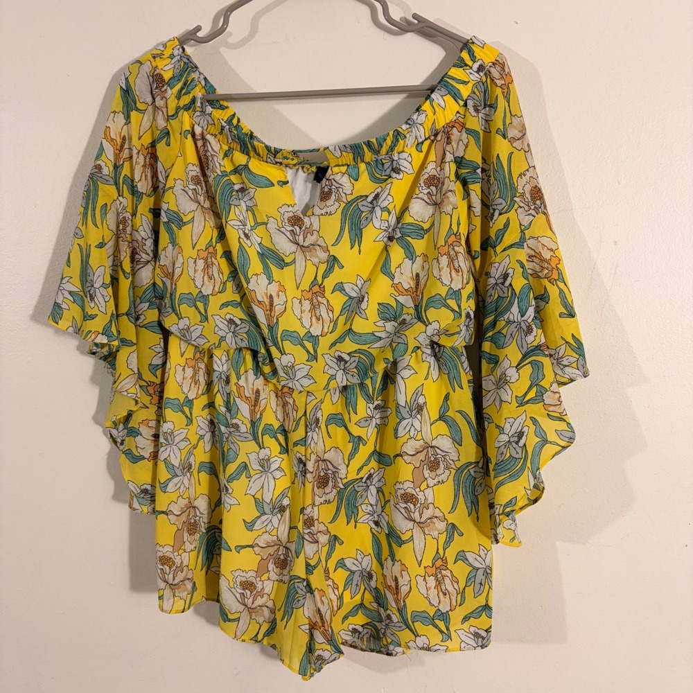 Lulus Floral Off Shoulder Romper Womens Small Yellow Bell Sleeve Boho